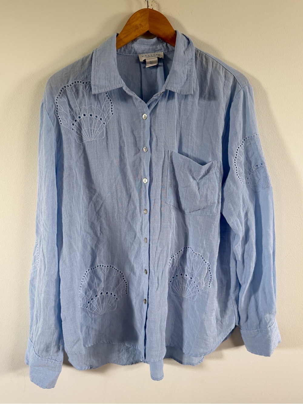 Calypso St. Barth Light Blue Women's Button-Down Shirt eyelet shell large